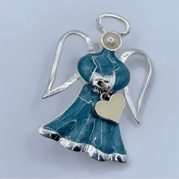 Angle Brooch Silver Tone Blue Swirl Enamel Heart Charm Faux Pearl Halo Wings - Picture 5 of 10